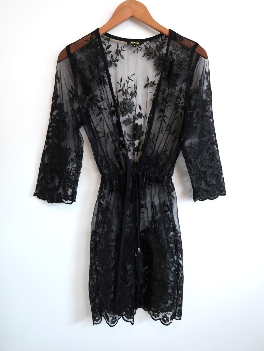 DOLCESSA SWIMWEAR Sheer Lace Half Sleeve Tassel Tie Cover Up Revolve M $175